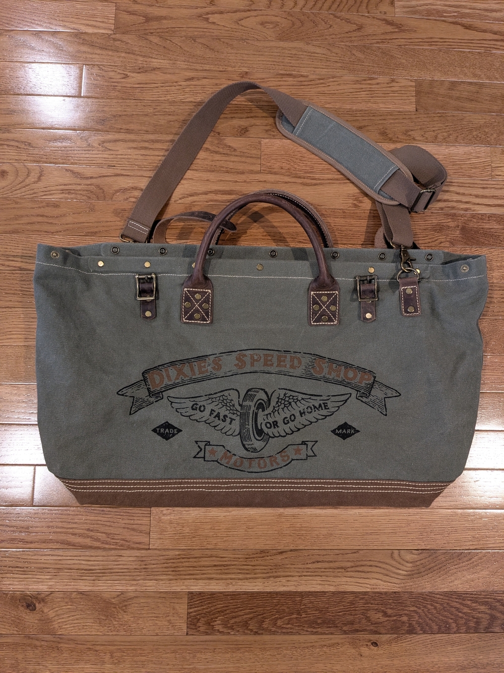 Canvas Weekender Tote Bag in Olive Green with Brown Trim And Leather Handles